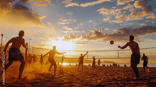 Sunset Beach Volleyball Game with Energetic Players and Cheering Spectators 
