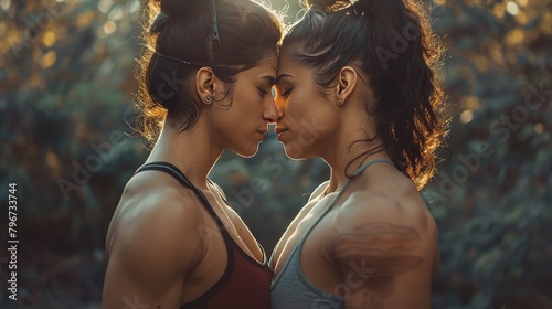 Photo of heavy facial stubble Two beautiful brunette women kissing biceps muscle Women centered around candid, full-body images. Each person has a different face, age, hair, and body First person