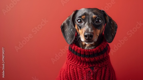 a charming portrait of a dachshund wearing a stylish sweater against a vibrant red backdrop, showcasing its playful personality.