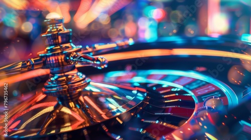 Soft focus lights and blurring of the surroundings create a surreal ambiance in High Stakes Roulette Reverie immersing the viewer in the hypnotic world of a casino wheel spinning in .