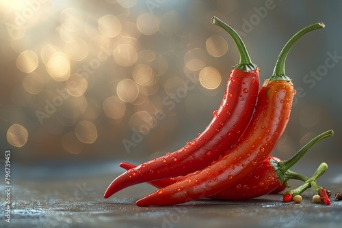 Several red chili peppers, a spicy ingredient for cooking, lie scattered on a rustic wooden surface