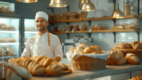 Baker prepares fresh bread in the bakery for sale in shop