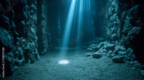 A dark cave with a light shining through it
