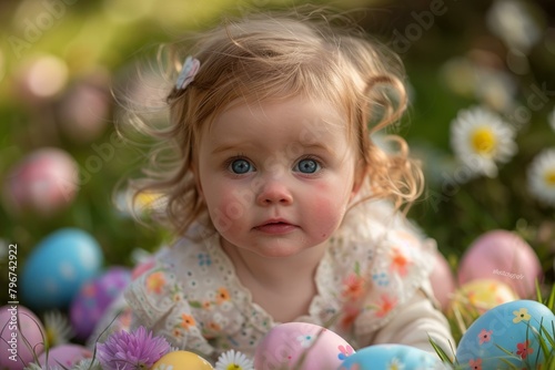 b'Portrait of a cute baby girl with blonde hair and blue eyes lying in a field of flowers and Easter eggs'