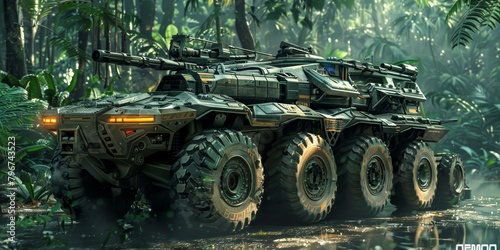 The military vehicle is driving through the jungle