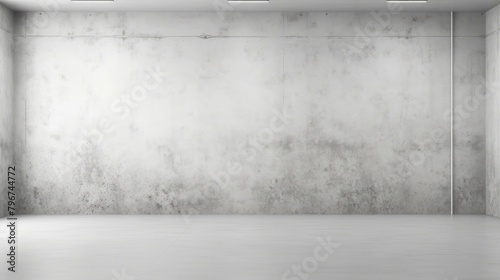 b'Grunge concrete room interior with blank wall and white floor'