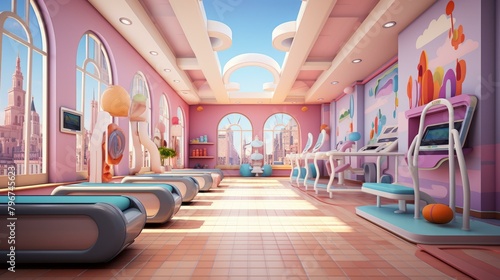 b'A digital illustration of a colorful and modern gym'