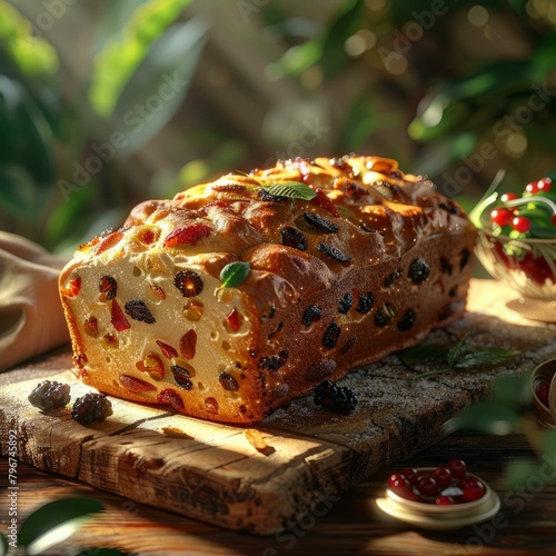 b'Close-up of a delicious homemade fruitcake with nuts on a wooden table'