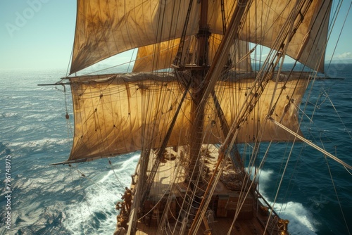 b'A ship with large sails is moving across the ocean'