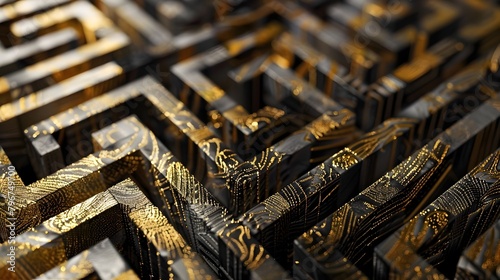 Reflective Gold and Matte Black Optical Illusion Maze: A Striking Abstract Design