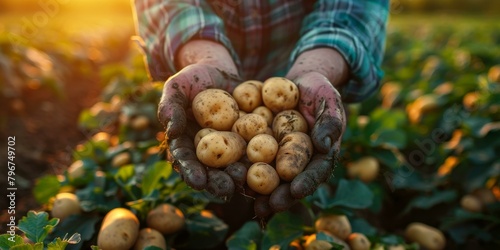 b'Farmer holding a handful of freshly harvested potatoes in his hands'