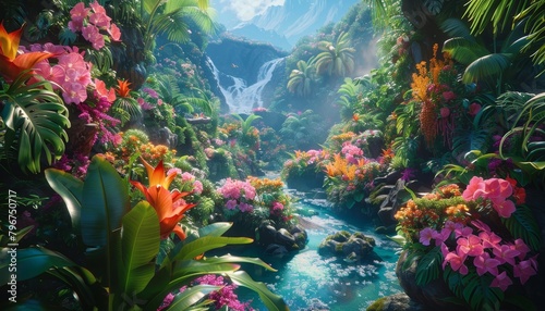 Vibrant ad juxtaposing a thriving jungle with a fantasy realm of giant flora and fauna showcasing the richness of biodiversity