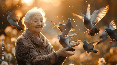 Senior Woman Offering Breadcrumbs To A Flock Of Pigeons