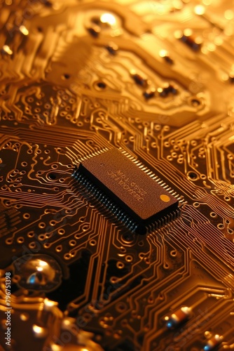 b'A close-up of an integrated circuit board with a central processing unit.'
