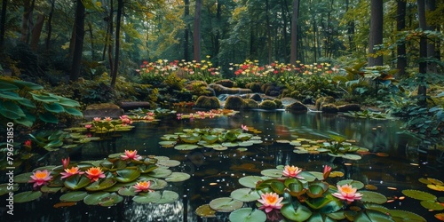 Colorful flowers and lily pads in a pond in a forest