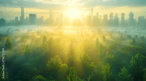 An aerial view of a foggy forest with a city in the distance