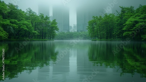 Misty lake in a city park with skyscrapers in the background