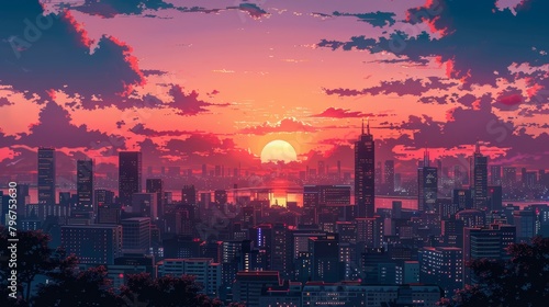 A beautiful sunset over a city. The sky is a gradient of orange and pink, and the sun is a bright yellow. The city is full of tall buildings, and the lights are turned on in some of them. There are tr