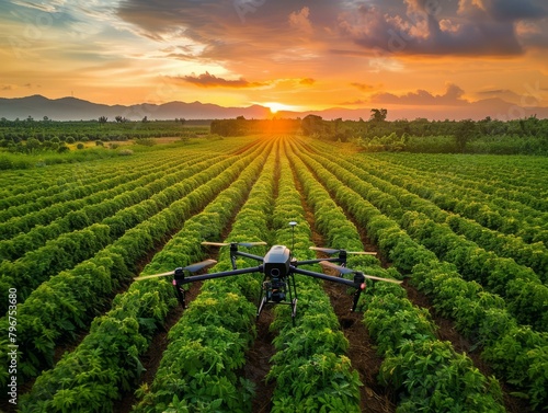 b'A drone flies over a lush green field of crops at sunset'