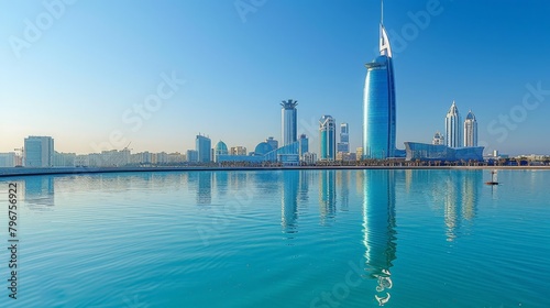 Manama's modern skyline with Bahrain World Trade Center, clear sunny day, high-definition, no glare, --ar 16:9 --stylize 250 Job ID: a8e9bb6e-87e9-40ce-b20f-5c2074562cd9