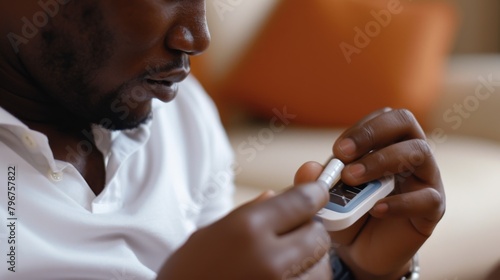 Man using a glucometer to check his blood sugar levels by holding the device to his finger