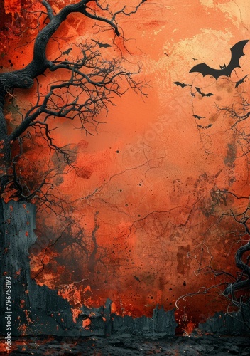 b'Black bats flying in front of a full moon on Halloween night'