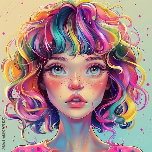 Una linda ilustración que asemeja una acuarela de una linda chica que tiene el pelo de muchos colores