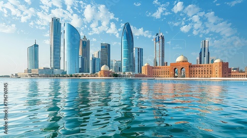 Abu Dhabi's skyline with modern skyscrapers and Emirates Palace, clear day, high-definition, no glare, --ar 16:9 --stylize 250 Job ID: 7a438f42-bb0d-4aba-bed8-6b61f359c9d1