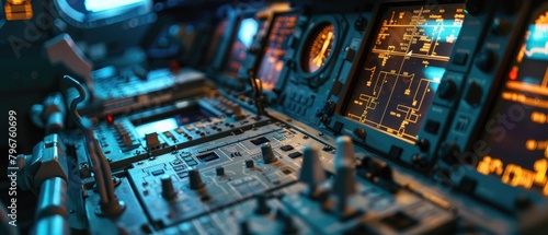 An airplane cockpit with a close up of the control panel.