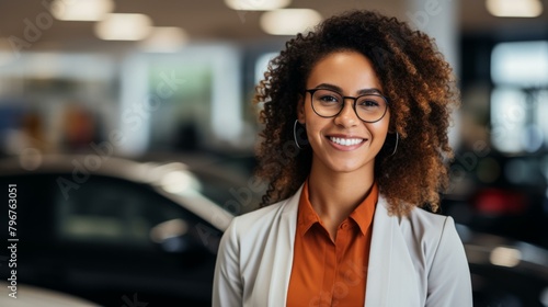 b'Portrait of a young African-American woman smiling in a car dealership'