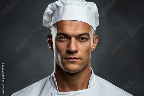 b'Portrait of a male chef wearing a white toque'