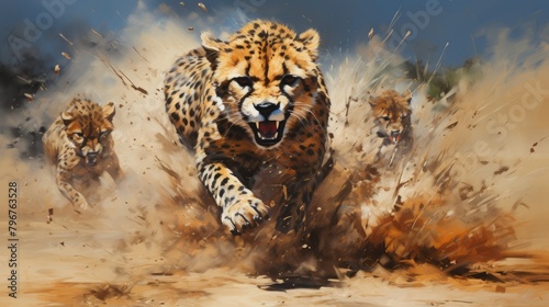 An image dynamic and energetic painting capturing the speed and agility of cheetahs sprinting across the African savannah, AI Generative