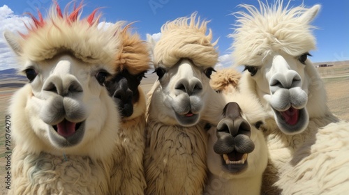 b'Four alpacas with different hair colors sticking their heads out'