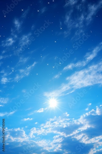 b'Blue sky with white clouds and shining sun'