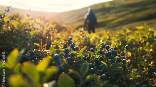 At the summit, a hiker savors the sight of abundant wild blueberries, their flavorful essence