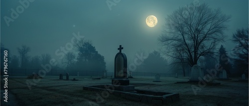 Night cemetery scene with moon, sculptures, architecture, freedom, New York, religion, art, shadows, and historical landmarks in Russia
