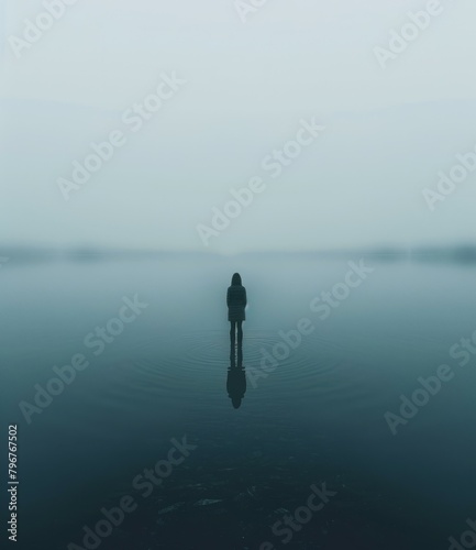 b'Person standing alone in the middle of a lake on a foggy day'