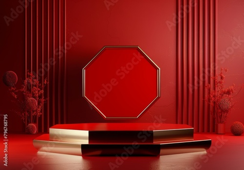 Create hyper-realistic luxury product display on Sony A6100 with red theme, octagon podium, clean background, front view, no products shown.