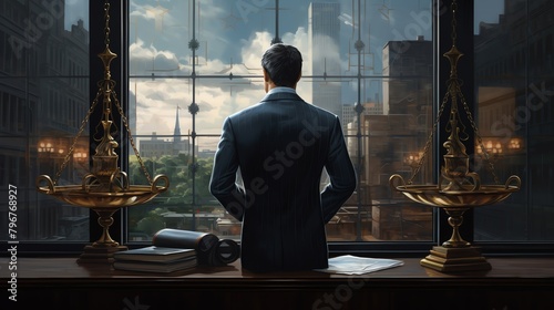 A man in a suit stands in his office, looking out at the city. He is surrounded by books and legal documents.