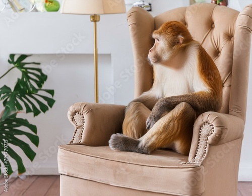 petit singe macaque dans un fauteuil dnas un salon en ia