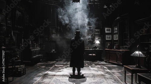 A stage play set in a Victorian parlor where the detective reveals the true identity of a specter using a gaslamp to expose the figures shadow