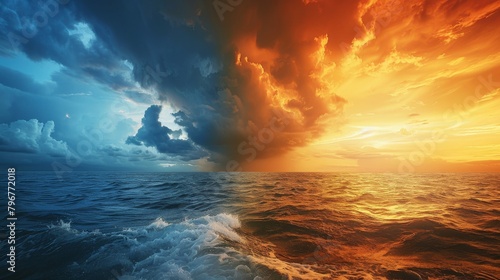 Reflect on the cyclical nature of weather in this captivating image, with a picturesque sunny day on the left contrasting sharply with the stormy turbulence on the right