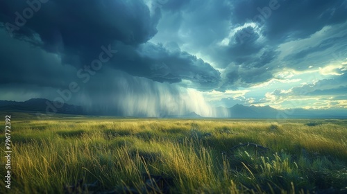 Explore the intersection of calm and turmoil in this mesmerizing nature tableau, where a serene sunny vista meets the tumultuous onset of a thunderous storm