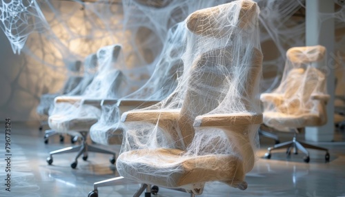 A fiber art installation showing a network of spider webs connecting office chairs symbolizing networking and connections in professional settings