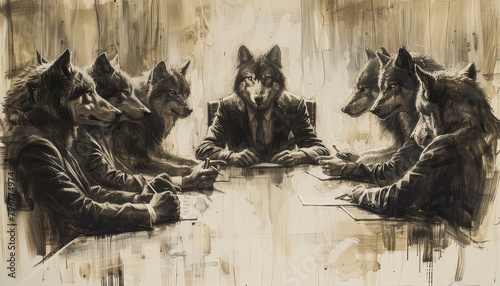 A charcoal sketch of a pack of wolves in a boardroom discussing strategy highlighting the predatory and strategic aspects of business negotiations