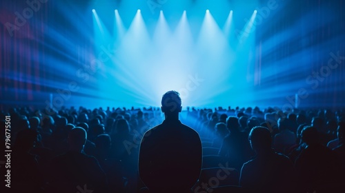 Silhouette of a solitary man standing in a crowd at a concert, highlighted by striking stage lights and a sense of individuality among many.