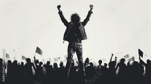 Silhouetted leader with arms raised triumphantly, inspiring a crowd of peaceful demonstrators in a unified stand for a cause.