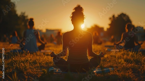 The image shows a group of people doing yoga in a park at sunset.