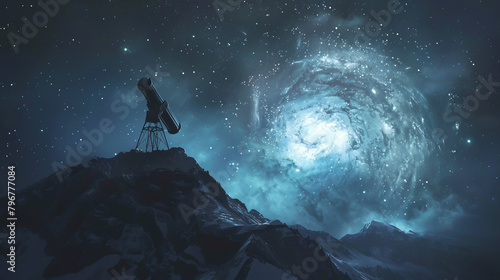 On a mountain summit, a lone telescope observes the emergence of a newborn star amidst