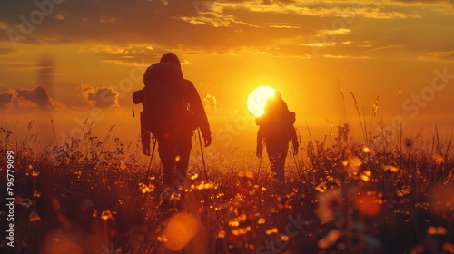 Two hikers with backpacks walking through a field of tall grass at sunset